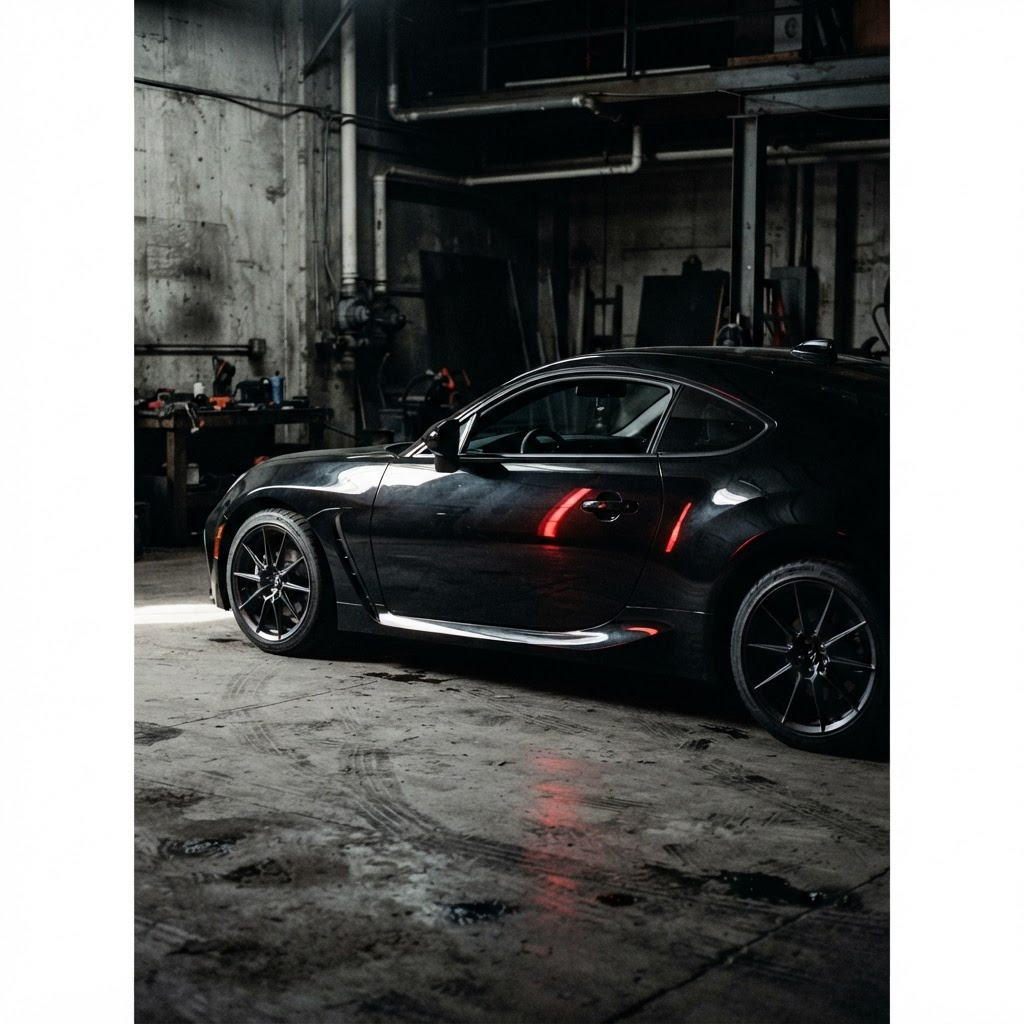 Photographie éditoriale d'une voiture de sport dans un garage industriel